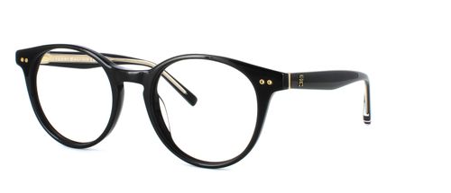 Ladies glossy black round shaped acetate glasses with gold detailing - image view 1
