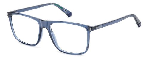 Men's rectangular shaped eco friendly bio polyamide frame here presented in blue with quality three barrel hinge at the temple supporting matching arms - image view 1