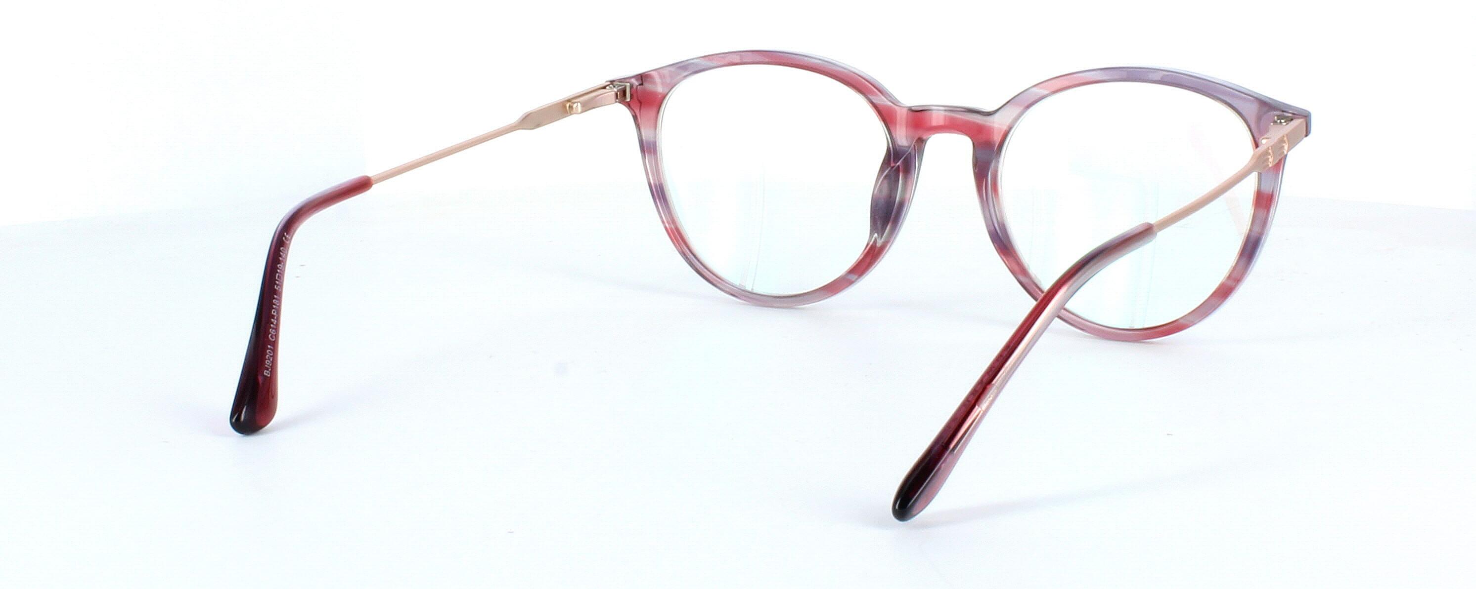 Edward Scotts BJ9201 C614 - Women's round shaped shiny burgundy, purple & grey acetate glasses with gold metal spring hinged arms - image view 5