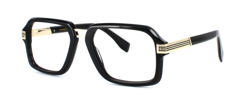 Bowyer & Finch BF233 - Black and gold premium hand made acetate glasses frame with chunky square shaped front face and barrel hinged temples and matching acetate arms - image view 1