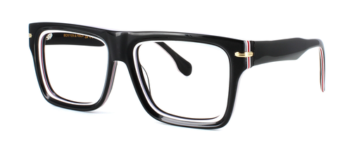 Bowyer & Finch Lapislazuli - Black gent's hand made premium acetate glasses with rectangular shaped lenses with layered red and white acetate inlays. Quality five bar barrel hinges to matching black, red and white acetate arms - image view 1