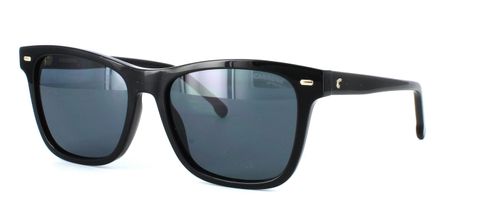 Women's rectagular shaped designer sunglasses with barrel hinged arms in shiny black with gold Carrera logo embossed at the temples - image view 1