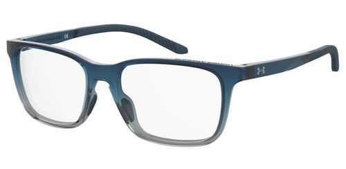 2-tone blue to grey eco polyamide rectangular shaped frame graduating from a dark grey upper to light grey lower on the front face with dark grey and blue arms supprted by a fixed hinge - image view 1