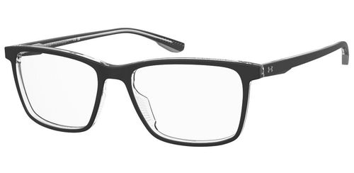 Large men's acetate rectangular shaped glasses in black and crystal with a foil logo at the temple and sprung hinged temples - image view 1