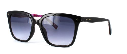 Women's black square shaped acetate prescription sunglasses frame with barrel hinge temples leading to matching acetate arms with flower patterned reverse - image view 1