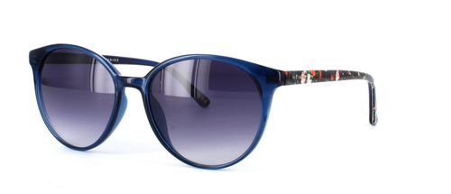 Women's blue acetate prescription sunglasses frame with barrel hinge temples leading to dark floral patterned arms - image view 1