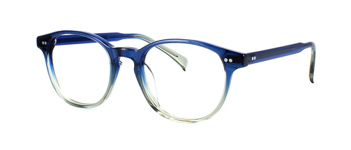 Dahlia - Women's round shaped acetate glasses frame graduating from a blue upper to clear crystal lower with barrel hinges and matching blue acetate arms - image view 1
