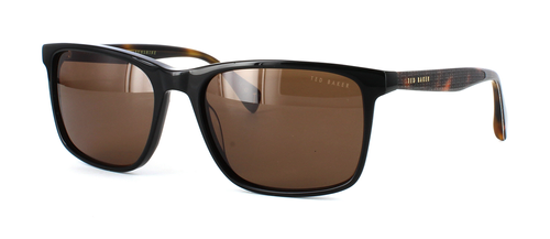 Ted Bake isaac in black with tortoise arms. Unisex acetate frame with rectangular shaped lenses and barrel hinges leading to matt tortoise arms with a shiny reverse - image view 1