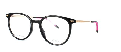 Round shaped polyamide and stainless steel women's glasses in black with gold arms and rubber ear tips - image view 1