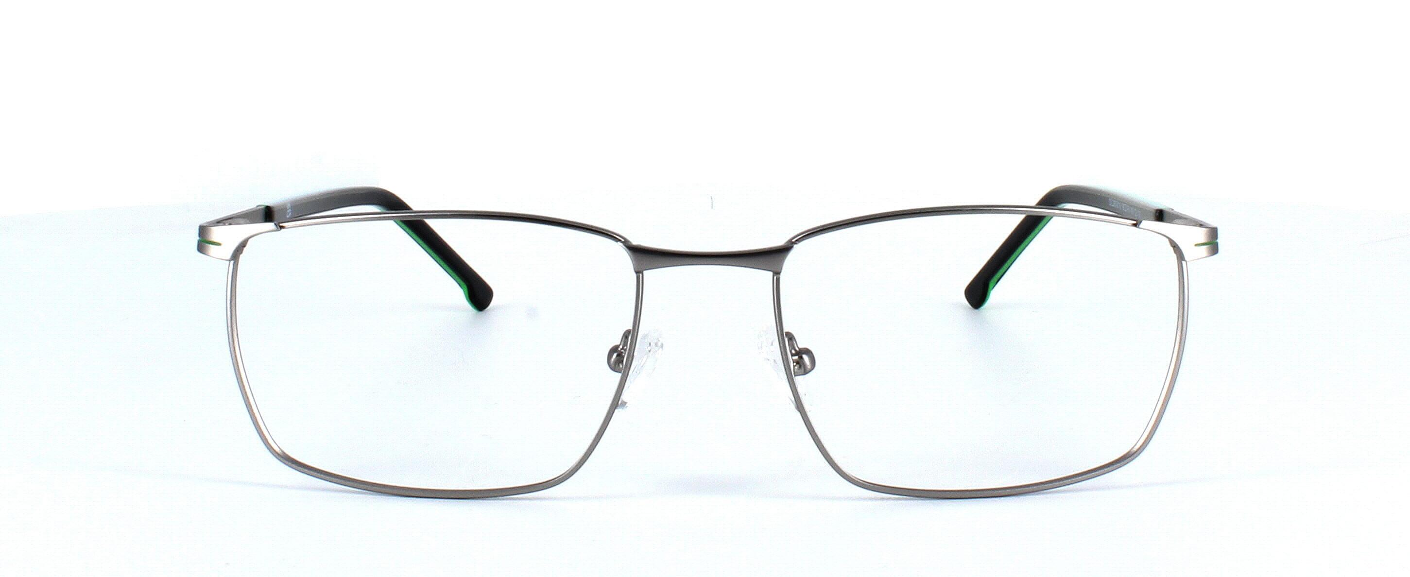 Grantham - Matt silver gent's full-rim metal glasses frame with rectangular shaped lenses and sprung hinged temples with black and green acetate arm sleeve - image view 5