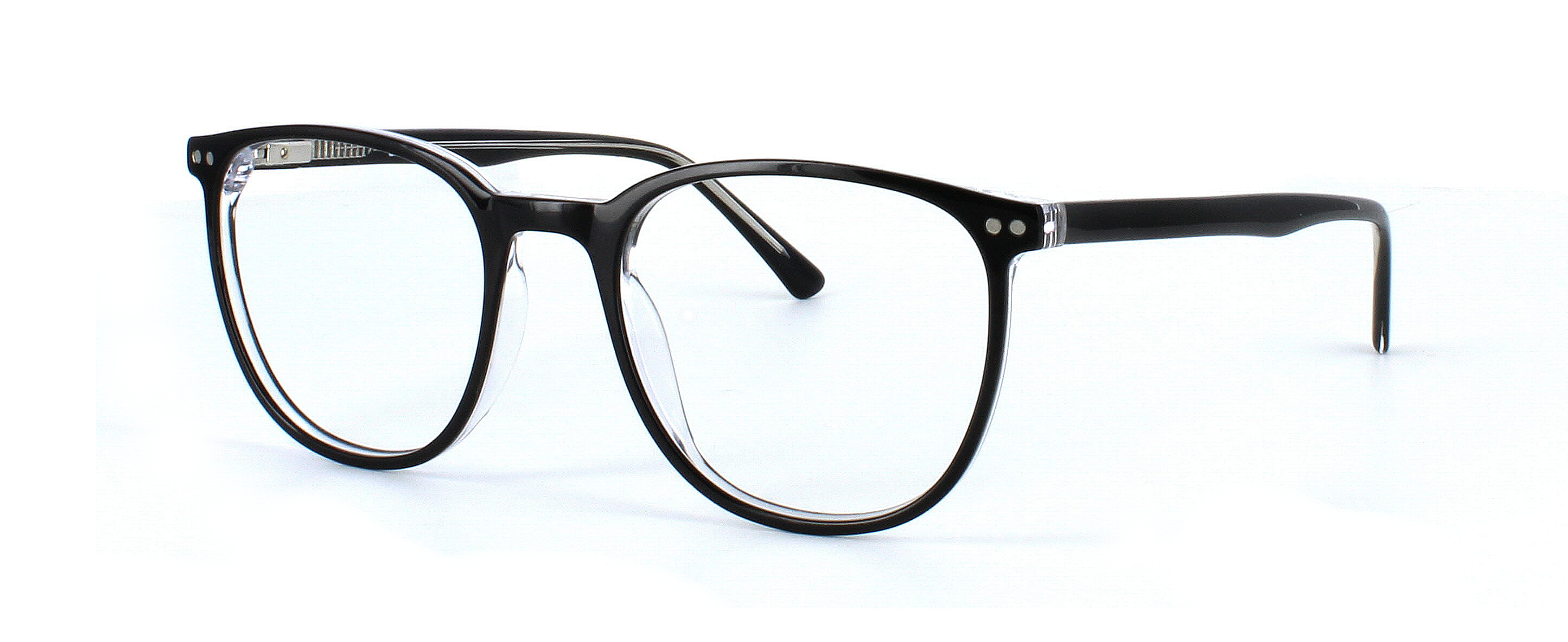 Newquay - Ladies round shaped acetate glasses frame with shiny black front face and clear crystal reverse - image view 1