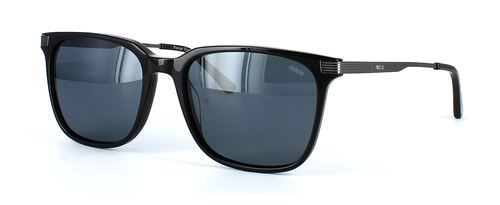 Almeria - Classic style unisex prescription sunglasses with shiny black front face and sprung hinged metal gunmetal arms with acetate ear tips - image view 1