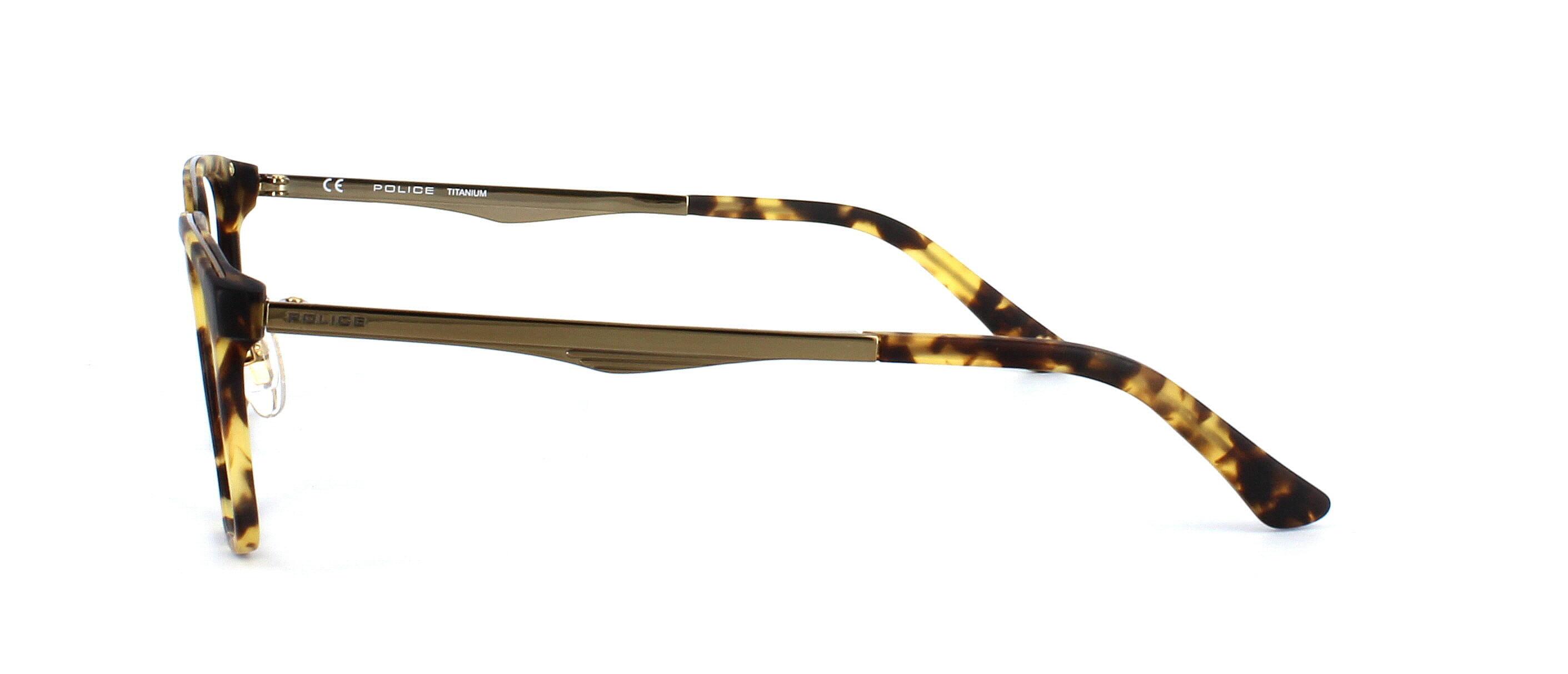 Police 684 - Unisex designer glasses frame with acetate front face in a light tortoise colour with gold titanium nosebridge and arms with barrel hinges at the temple - image view 2