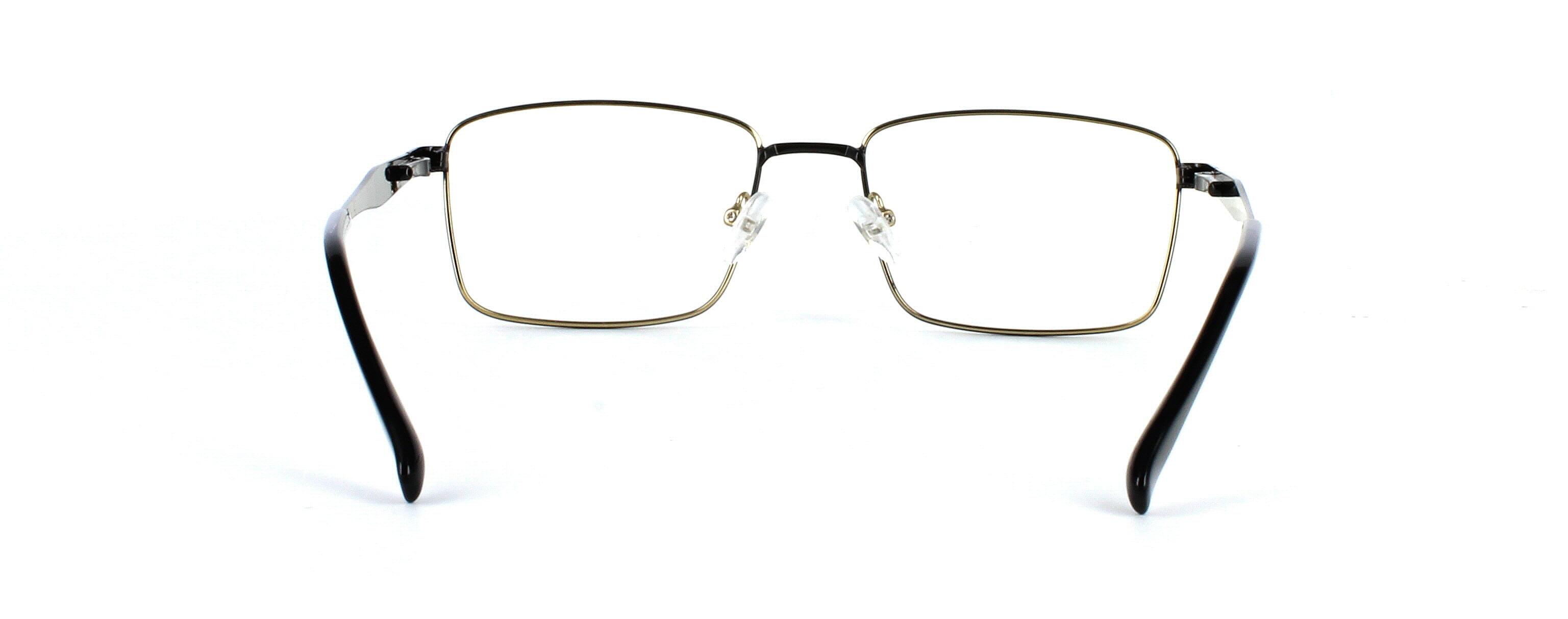 Wedge - Gent's full-rim rectangular shaped metal glasses frame with sprung hinge temples and matching arms here presented in gold and black - image view 3