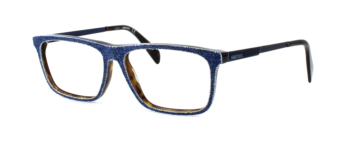Diesel 5153 056 - Unisex denim effect blue acetate glasses frame with rectangular shaped lenses, tortoise reverse and blue metal arms - image view 1