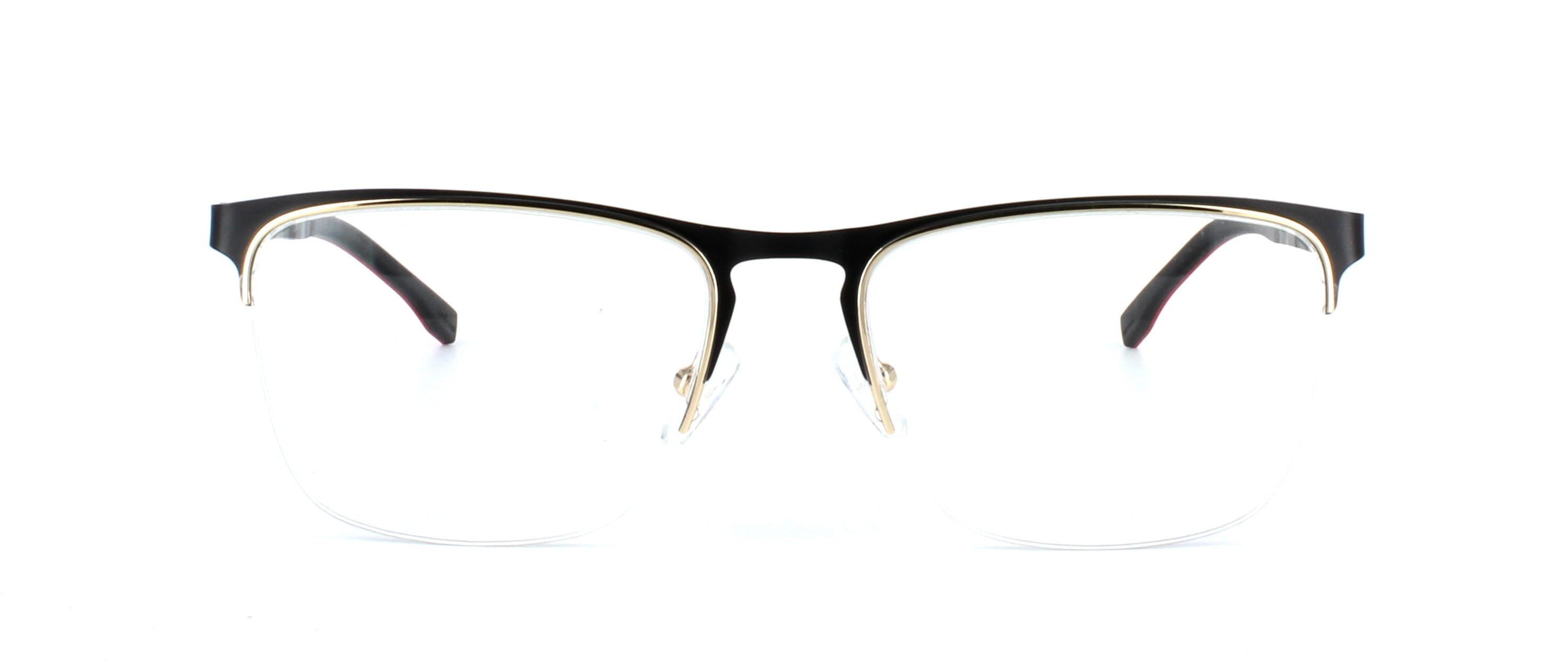 Ripley - Black - Unisex semi-rimless glasses frame with rectangular shaped lenses and black metal front face leading to srung hinged temples and black and red rubber arms - image view 2