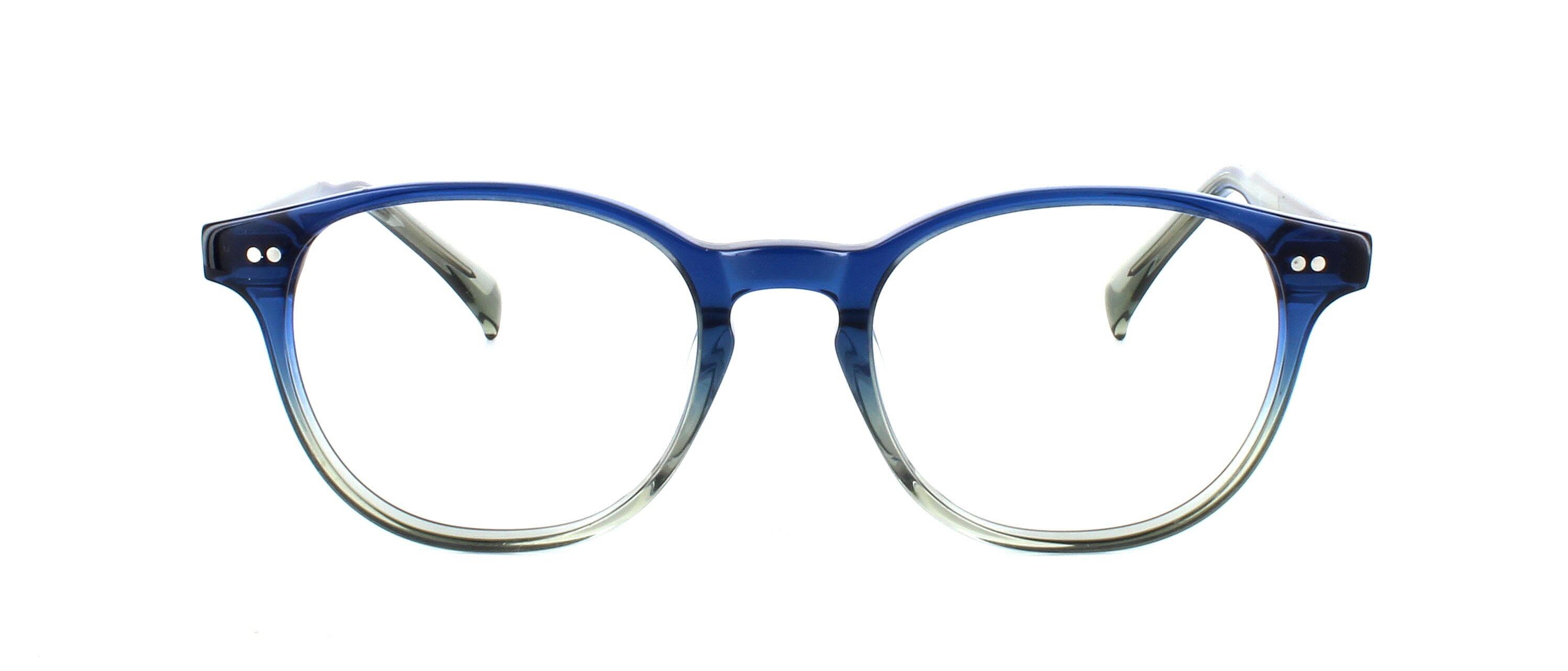Dahlia - Women's round shaped acetate glasses frame graduating from a blue upper to clear crystal lower with barrel hinges and matching blue acetate arms - image view 5