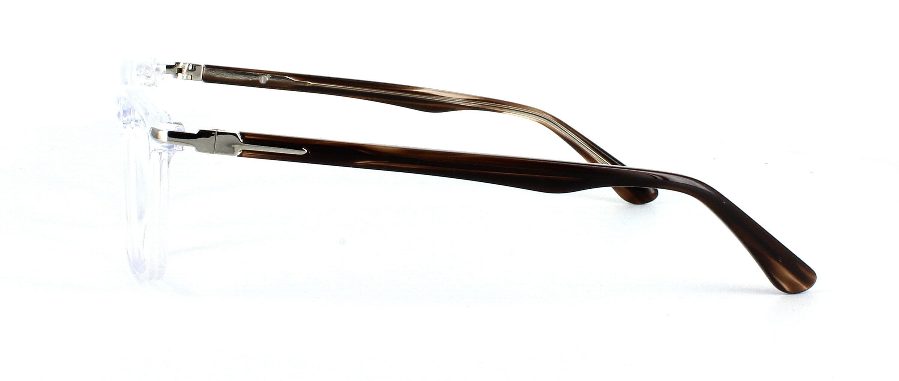Voletty - Unisex acetate glasses here in clear crystal with rectangular shaped lenses, metal barrel hinged temples and tortoise arms - image view 2