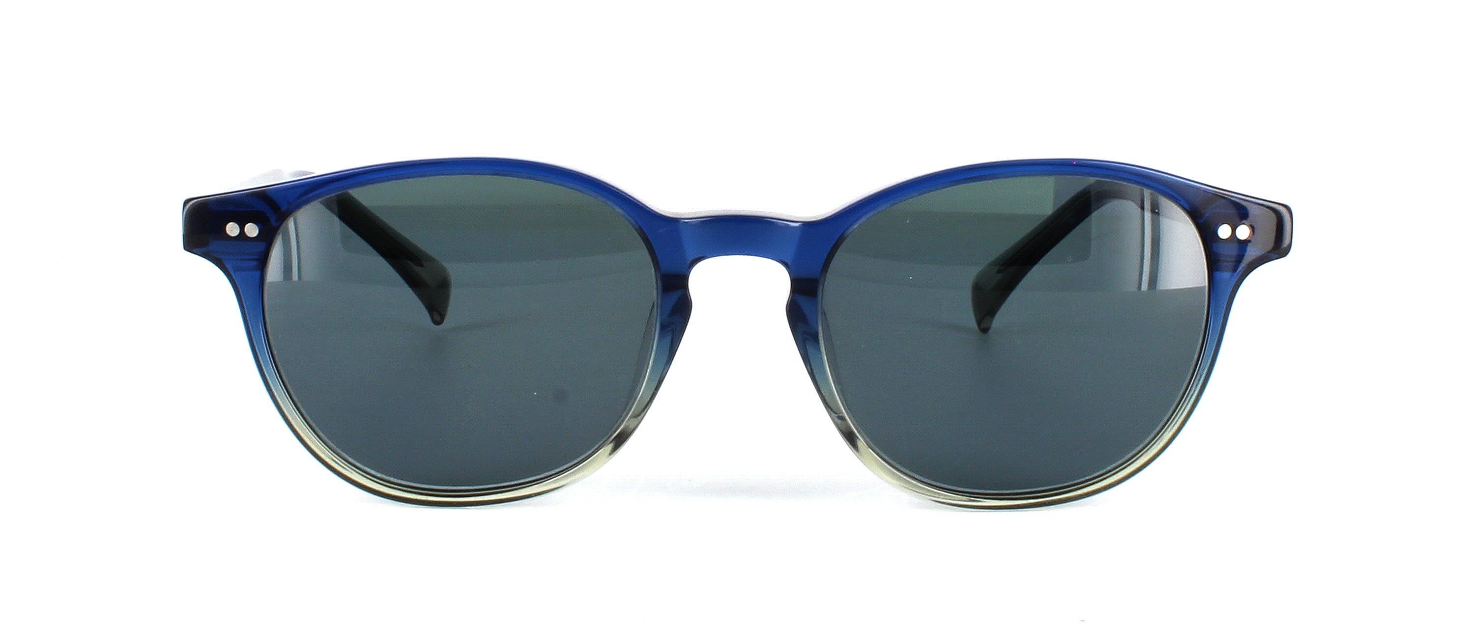 Dahlia - Women's round shaped acetate sunglasses frame graduating from a blue upper to clear crystal lower with barrel hinges and matching blue acetate arms - image view 5