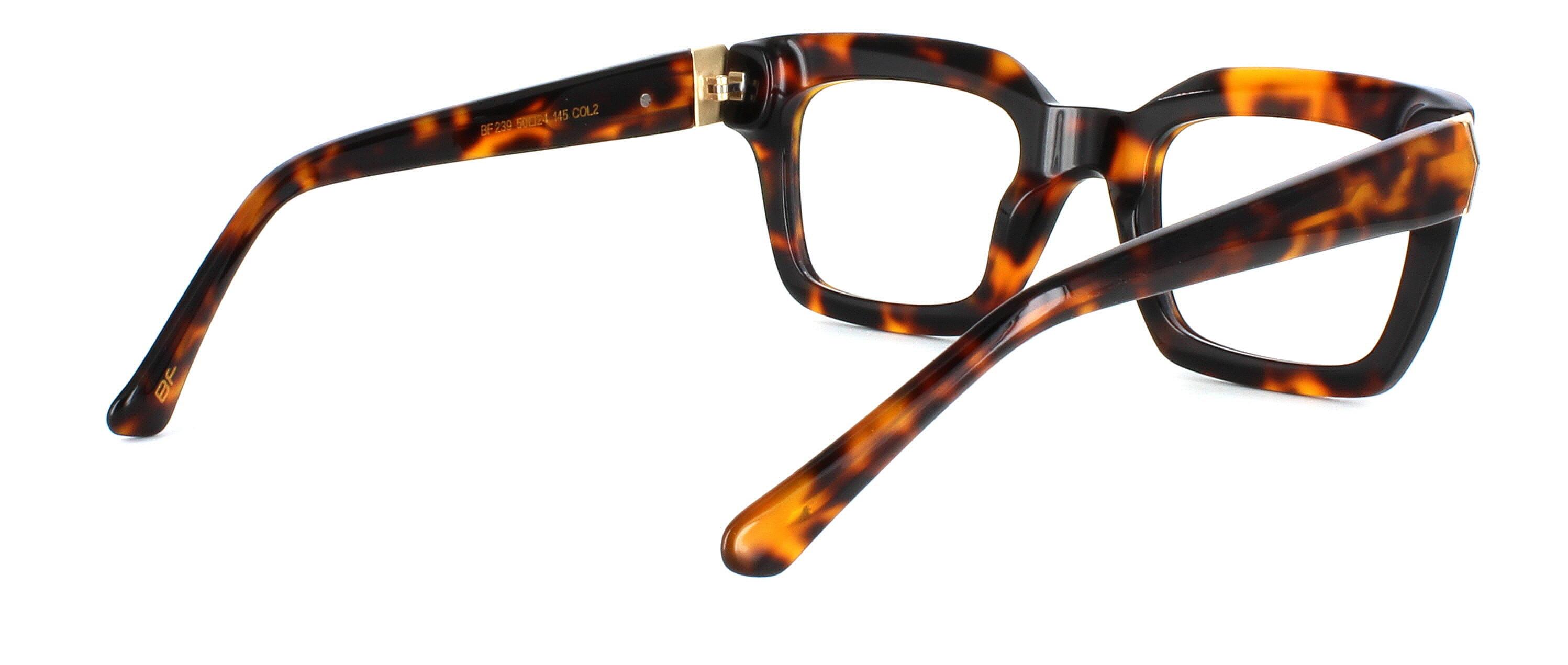 Bowyer & Finch Citrine is a woman's hand made tortoise, square shaped acetate glasses frame with three bar barrel hinges and matching acetate arms with gold inlay at the temple - image view 4
