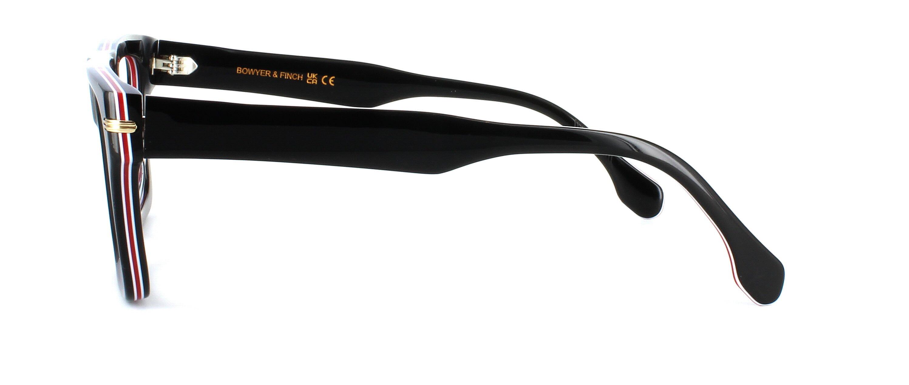 Bowyer & Finch Lapislazuli - Black gent's hand made premium acetate glasses with rectangular shaped lenses with layered red and white acetate inlays. Quality five bar barrel hinges to matching black, red and white acetate arms - image view 2