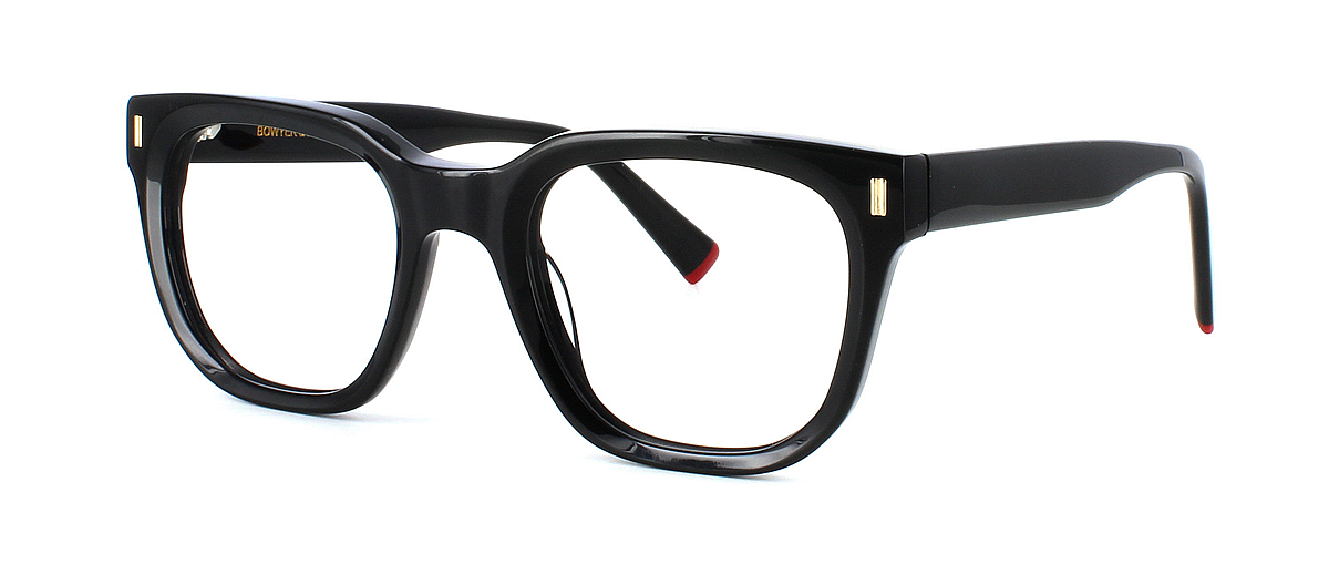 Bowyer & Finch Topaz - A stylish hand made acetate frame for women in shiny black. Barrel hinges leading to black arms with red tips - image view 1