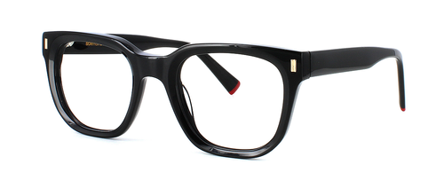 Bowyer & Finch Topaz - A stylish hand made acetate frame for women in shiny black. Barrel hinges leading to black arms with red tips - image view 1