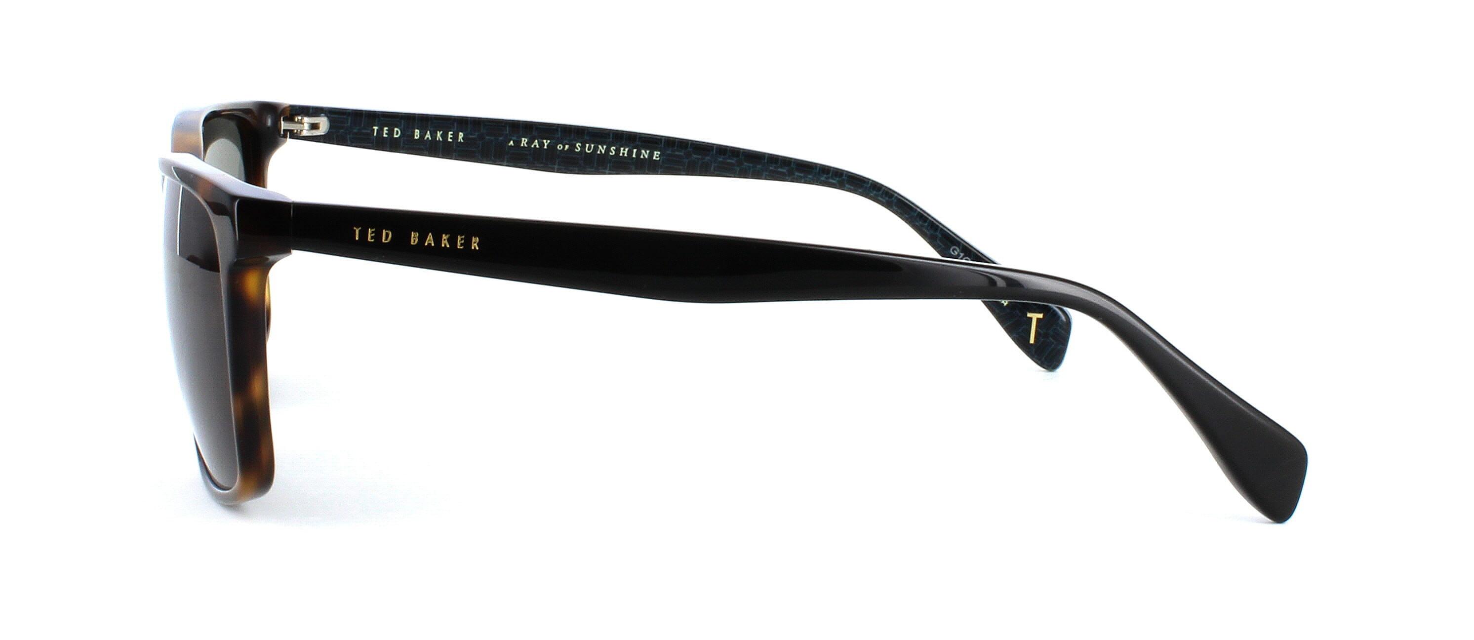 Ted Baker Isaac - Designer sunglasses for all. Tortoise acetate front face with rectangular lens shape with barrel hinges leading to smooth black acetate arms - image view 2