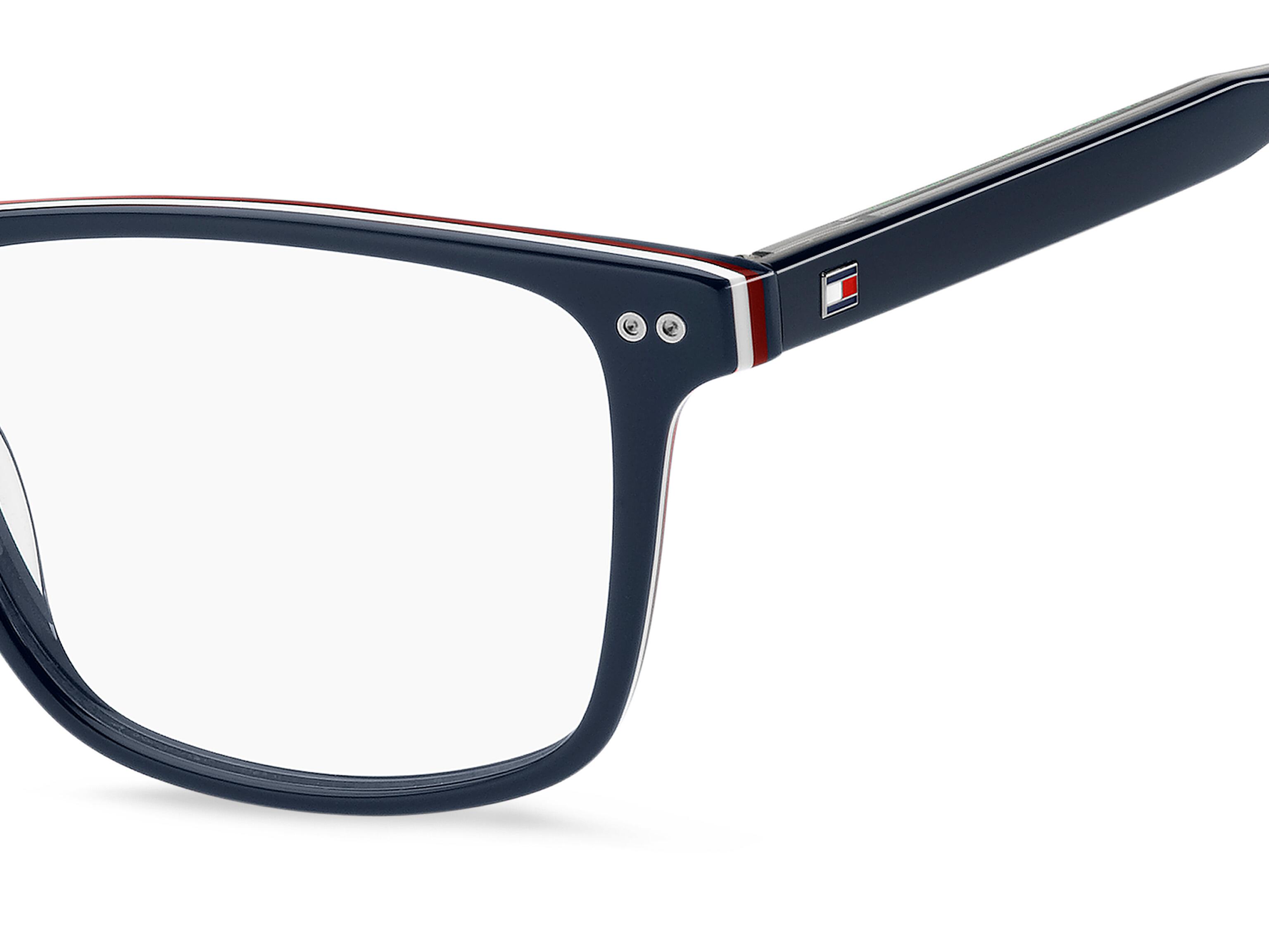 Men's square shaped blue acetate frame with red and white trim and quality barrel hinge - image view 5
