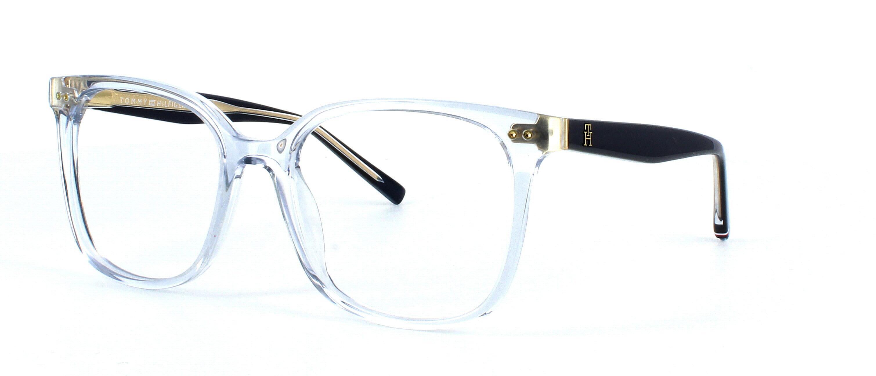 Ladies round shaped acetate frame with a fixed hinge supporting dark navy arms with crystal reverse - image view 1