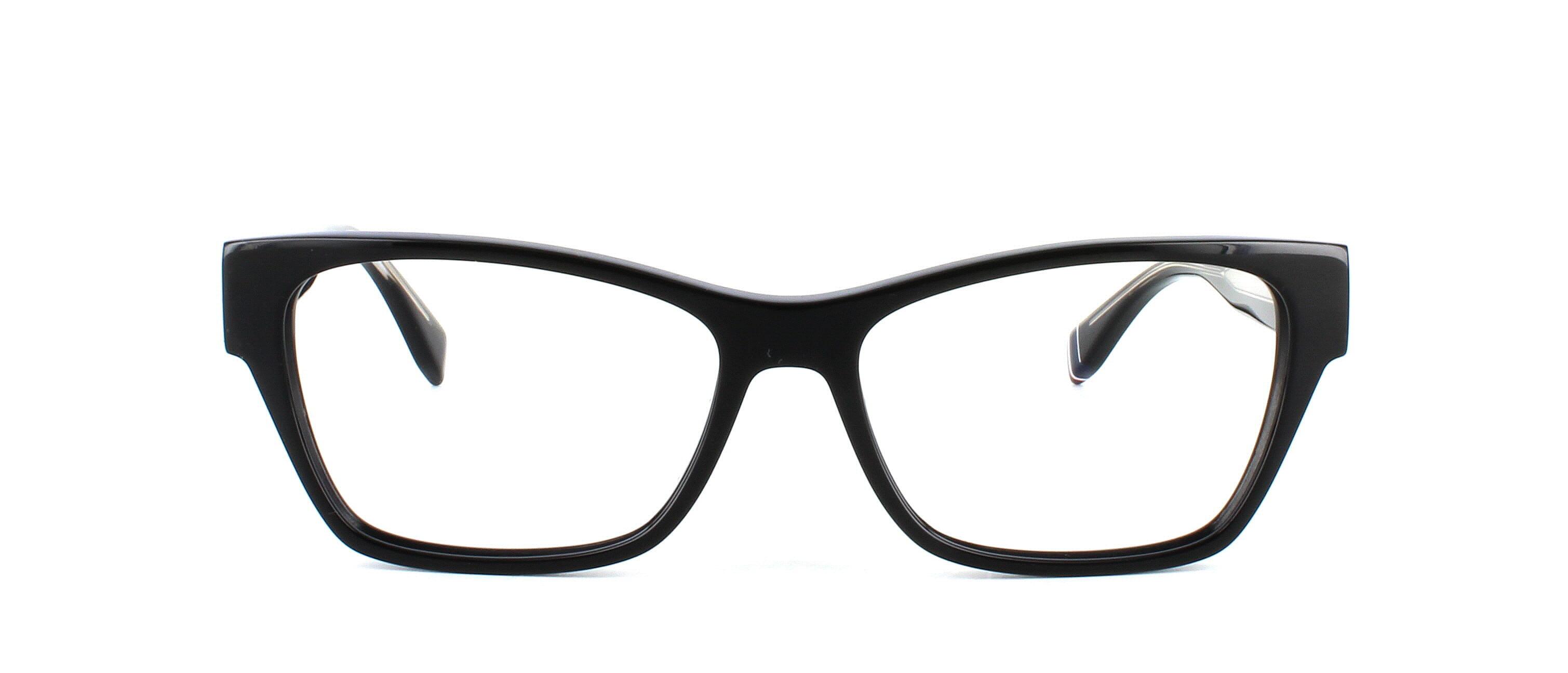 Ladies shiny black acetate with gold TH motif engraved into the sprung hinged temples connecting the matching smooth black acetate arms - image view 5