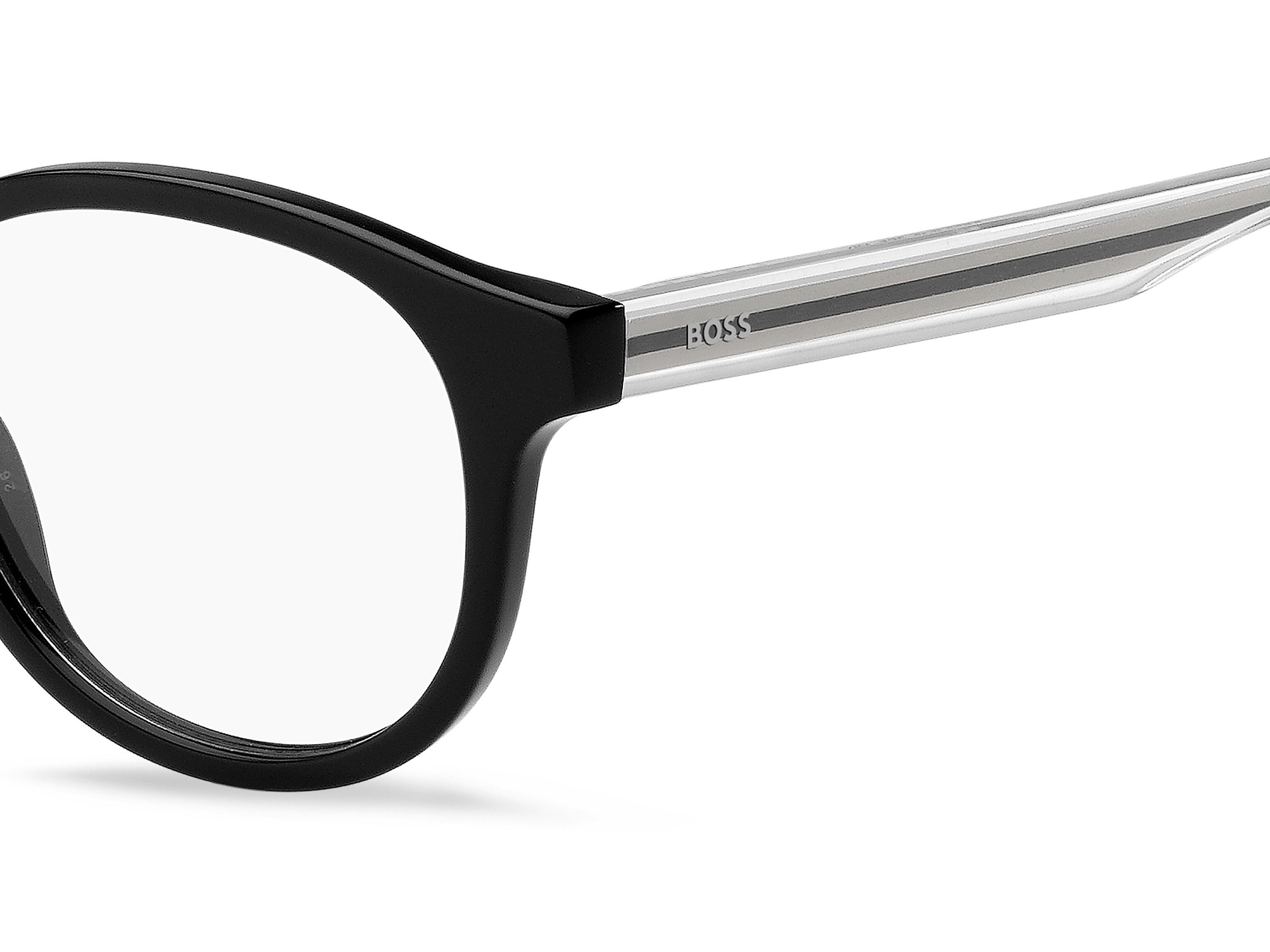 Petite ladies round shaped black acetate with sprung hinged temples supporting clear crystal arms acetate arms with the BOSS logo injected at the temples - image view 4