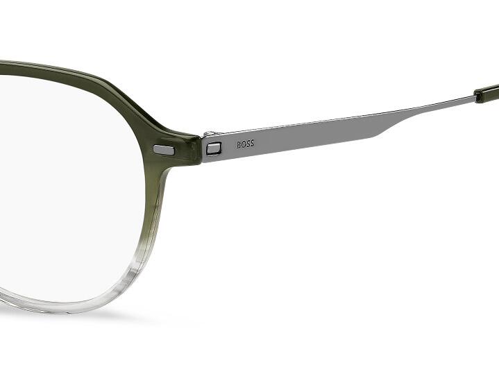 Unisex round shaped acetate glasses with a green front face with gradient to grey bottom and gunmetal stainless steel arms - image view 5