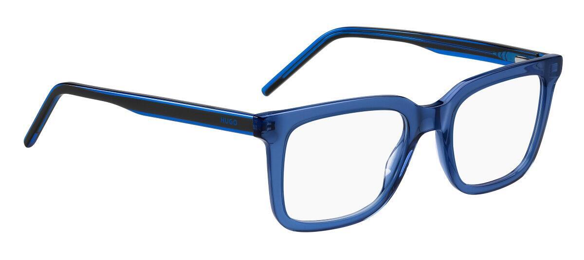 Men's crystal blue and black acetate eyewear with rectangular shaped lenses and sprung hinged temples supporting black and crystal blue arms - image view 2
