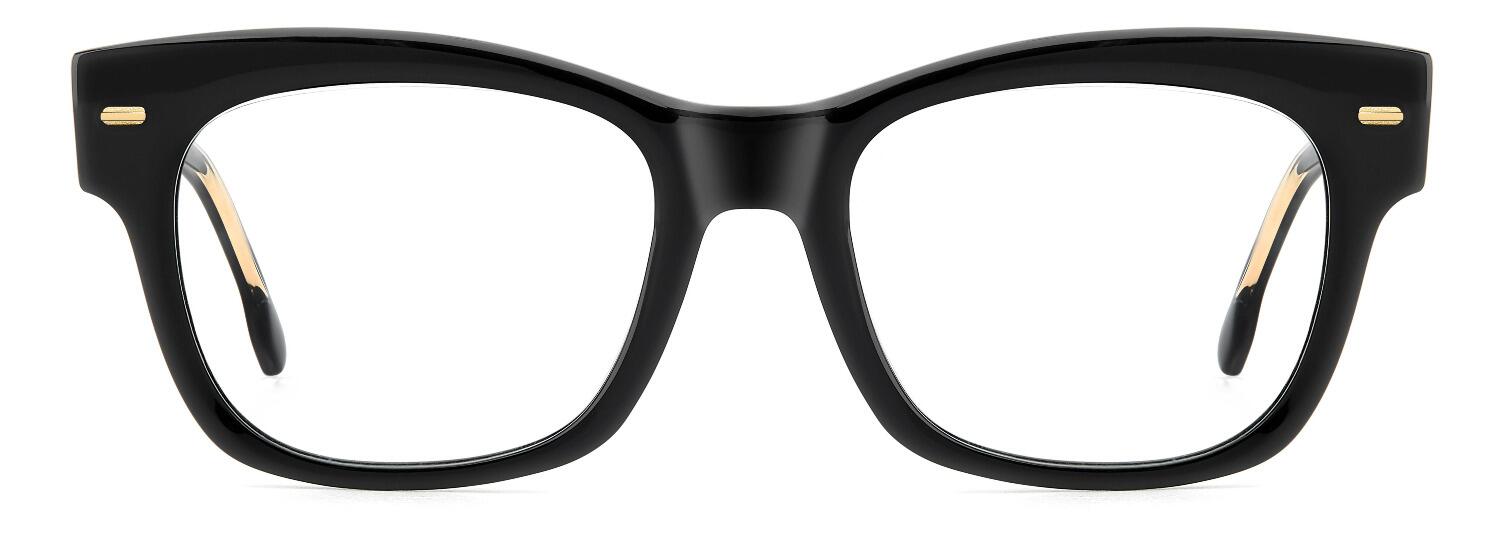 Women's rectangular shaped bold retro style acetate glasses in black with gold detailing - image view 6