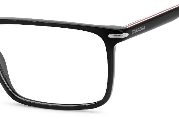 Men's shiny black rectangular designer glasses made from high density acetate with silver metal detailing and red and white layered inserts to the arms - image view 4
