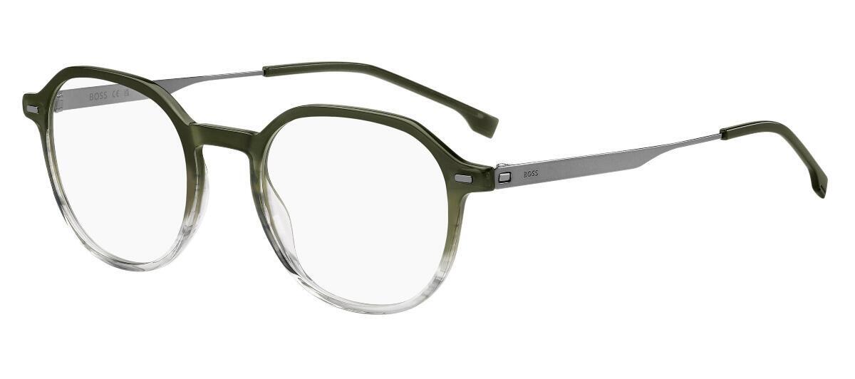 Unisex round shaped acetate glasses with a green front face with gradient to grey bottom and gunmetal stainless steel arms - image view 1