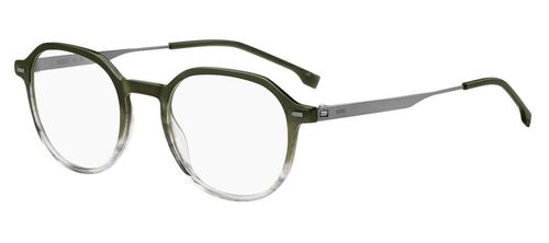 Unisex round shaped acetate glasses with a green front face with gradient to grey bottom and gunmetal stainless steel arms - image view 1