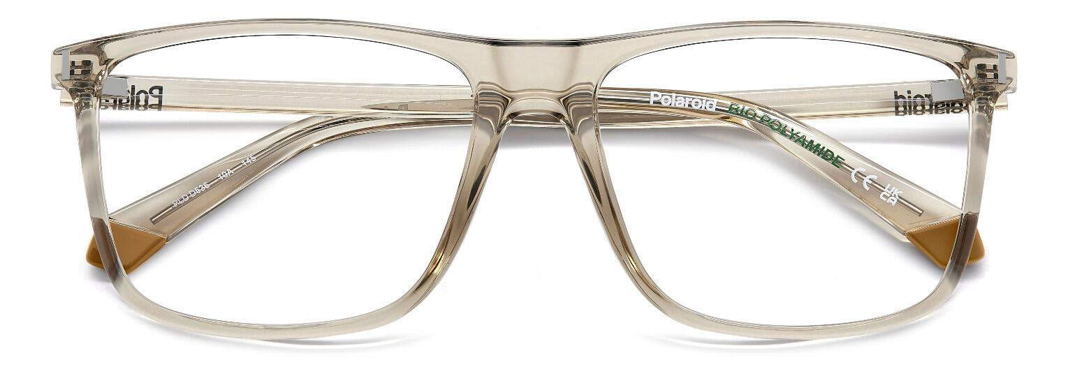 Men's rectangular shaped eco friendly bio polyamide frame in crystal beige with quality three barrel hinge at the temple supporting matching arms - image view 2