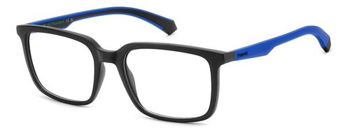 Unisex, eco friendly, bio-polyamide square shaped glasses with bio-rubber temples for great grip when undertaking an active lifestyle here presented with black front face and blue arms - image view 1