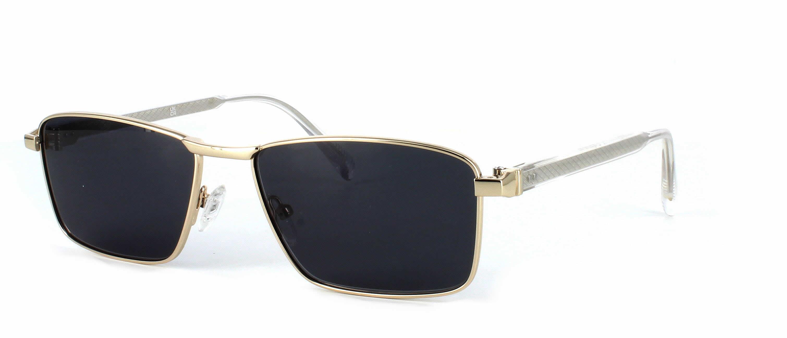 Men's rectangular shaped matt gold metal prescription sunglasses frame with light coloured acetate barrell hinged arms. - image view 1