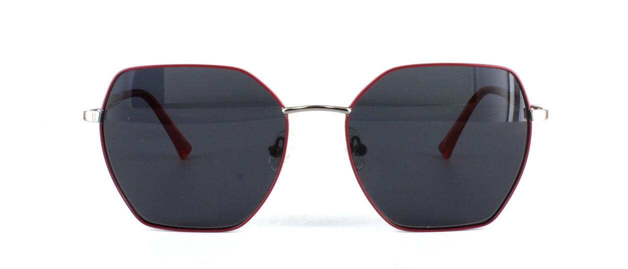 Unisex hexagonal shaped 2-tone metal prescription sunglasses frame in burgundy and silver - image view 5