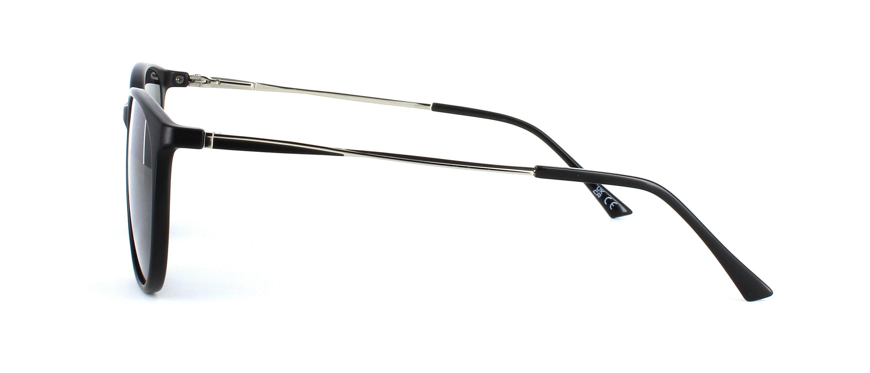 Women's round lens shaped plastic prescription sunglasses frame, here in matt black with silver metal arms - image view 2
