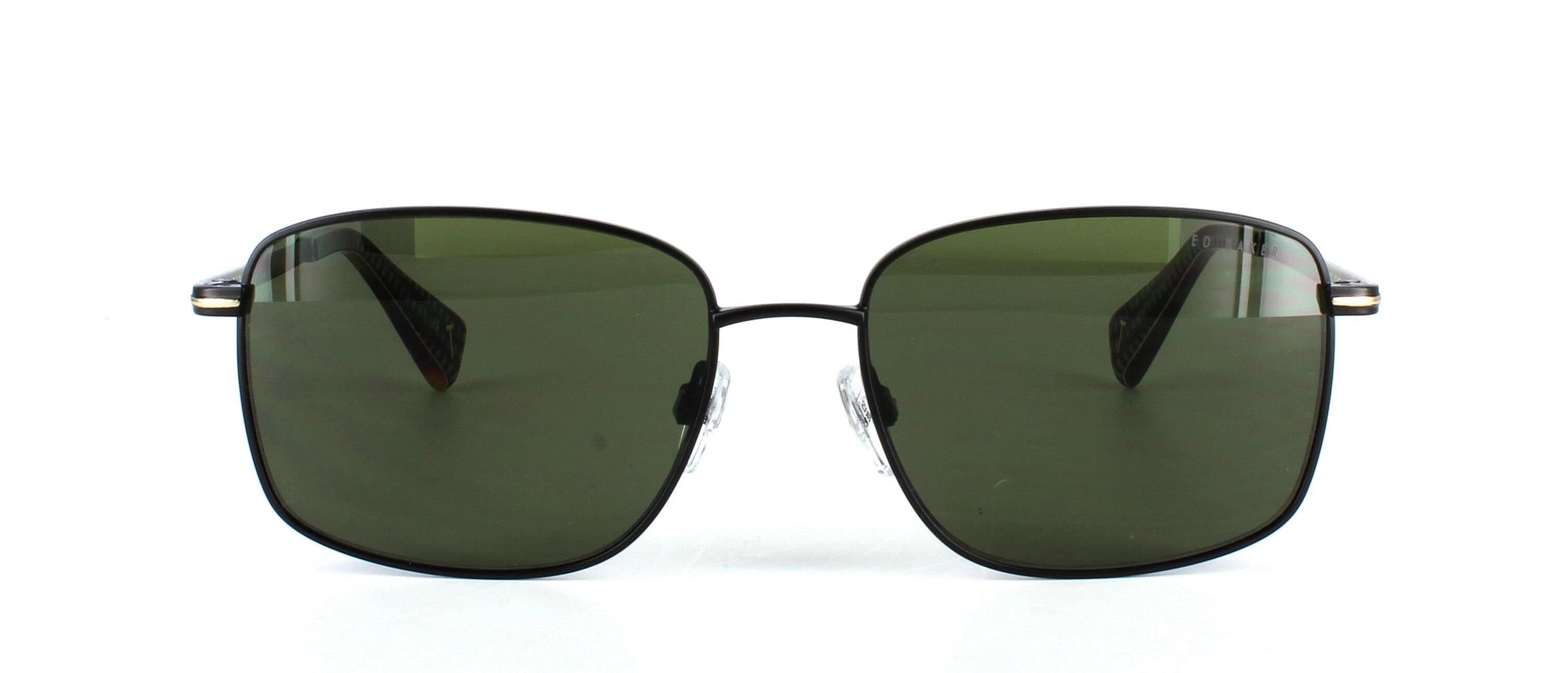 Men's black & gold designer, square shaped sunglasses frame with fixed hinge temples leading to matching arms with tortoise and black cheque acetate ear tips - image view 5