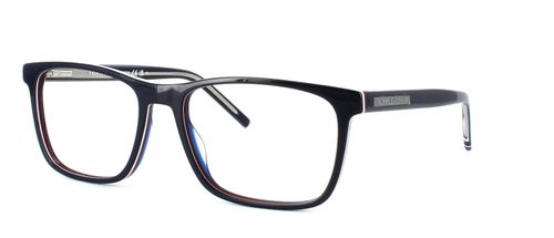 Gent's timeless acetate here in blue with red and white layered inserts with rectangular shaped lenses with embossed TH logo on the temples and iconic flag on the ear tips - image view 1