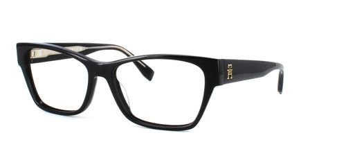 Ladies shiny black acetate with gold TH motif engraved into the sprung hinged temples connecting the matching smooth black acetate arms - image view 1