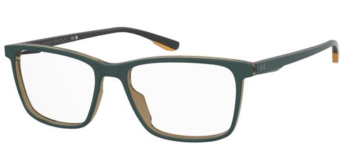 Large men's acetate rectangular shaped glasses in green and beige with a foil logo at the temple and sprung hinged temples - image view 1