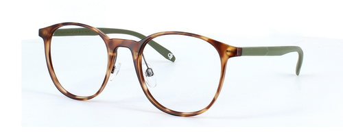 Benetton 1010 112 - Unisex plastic round shaped glasses with a matt tortoise front face and green arms - image view 1