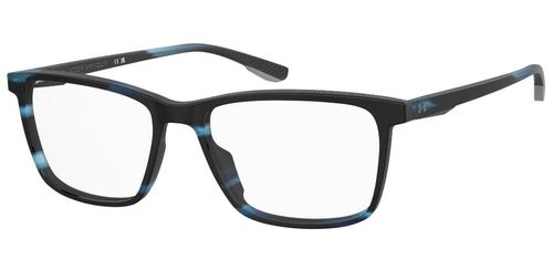 Large men's acetate rectangular shaped glasses in blue horn with a foil logo at the temple and sprung hinged temples - image view 1