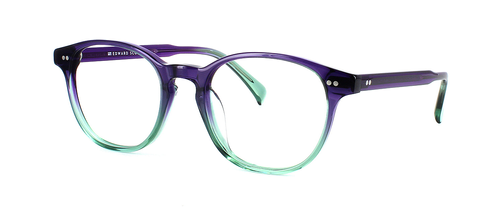 Dahlia - Women's round shaped acetate glasses frame graduating from a purple upper to green crystal lower with barrel hinges and matching purple acetate arms - image view 1